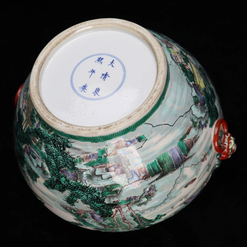 Qing Dynasty Kangxi Wucai Landscape Jar with Beast-Head Handles|清康熙五彩山水紋獸耳卷缸・珍藏