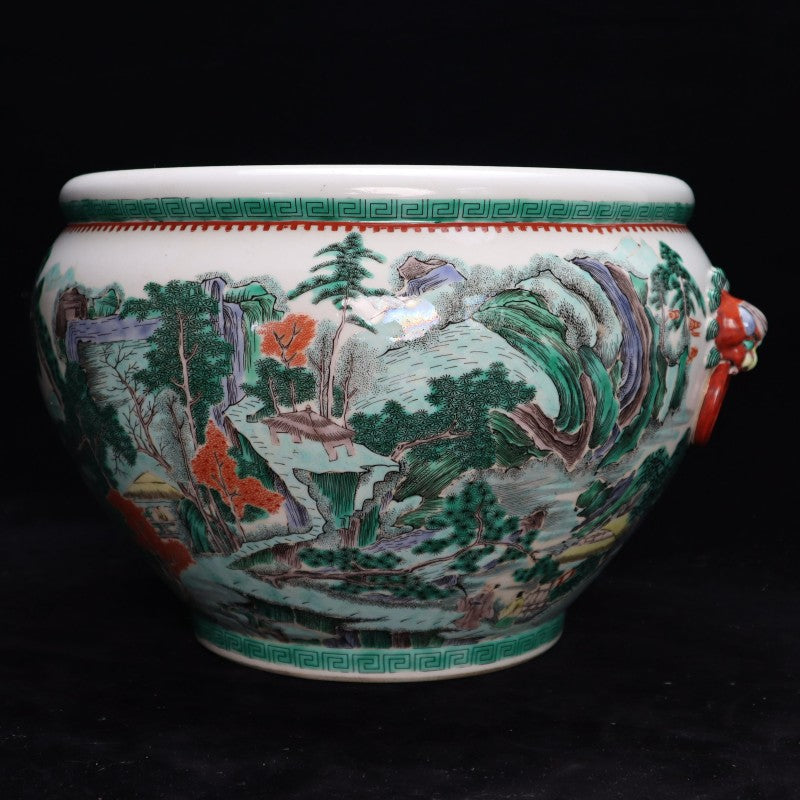 Qing Dynasty Kangxi Wucai Landscape Jar with Beast-Head Handles|清康熙五彩山水紋獸耳卷缸・珍藏