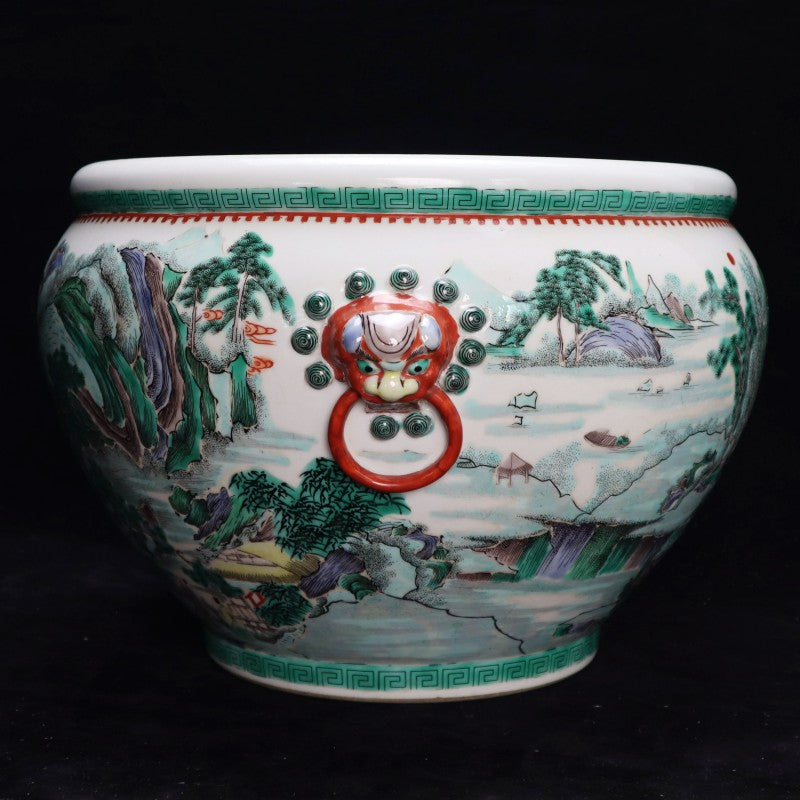 Qing Dynasty Kangxi Wucai Landscape Jar with Beast-Head Handles|清康熙五彩山水紋獸耳卷缸・珍藏