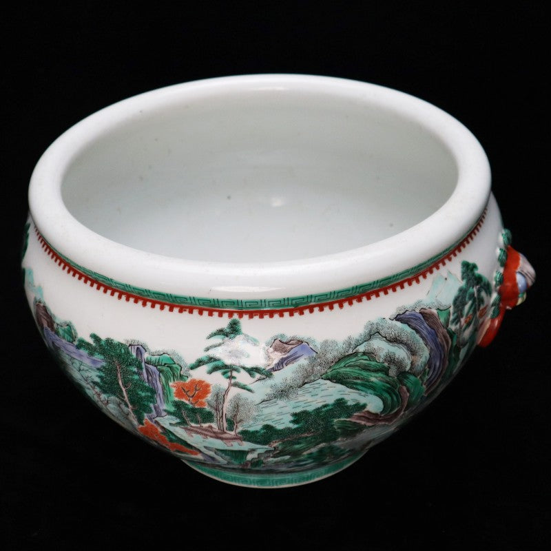 Qing Dynasty Kangxi Wucai Landscape Jar with Beast-Head Handles|清康熙五彩山水紋獸耳卷缸・珍藏