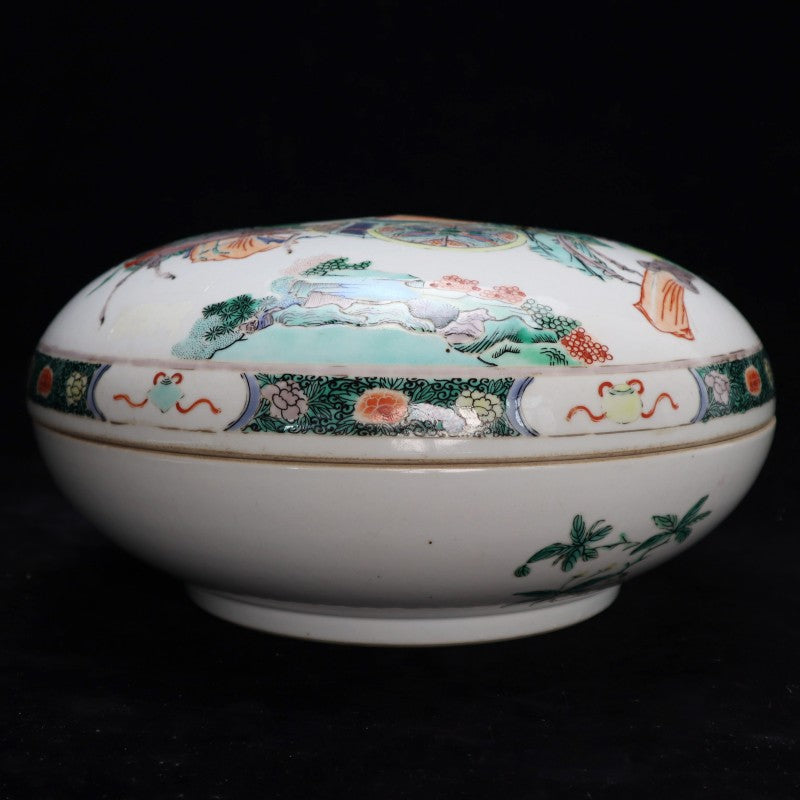 Qing Dynasty Kangxi Wucai Covered Box with Magu Offering Longevity Scene|清康熙五彩麻姑獻壽人物紋纹果盒・珍藏