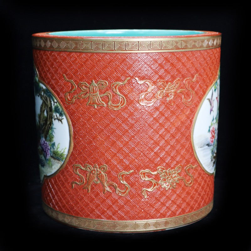 Qing Dynasty Qianlong Period Coral-Red Ground Famille-Rose Brush Pot with Floral and Bird Motif|清乾隆珊瑚紅地粉彩花鳥紋筆筒・珍藏