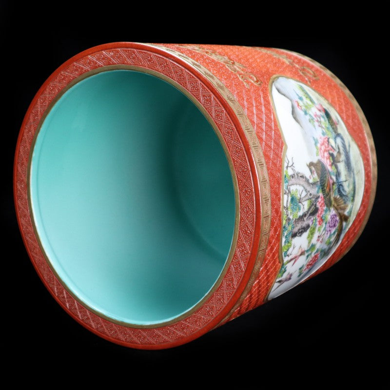 Qing Dynasty Qianlong Period Coral-Red Ground Famille-Rose Brush Pot with Floral and Bird Motif|清乾隆珊瑚紅地粉彩花鳥紋筆筒・珍藏