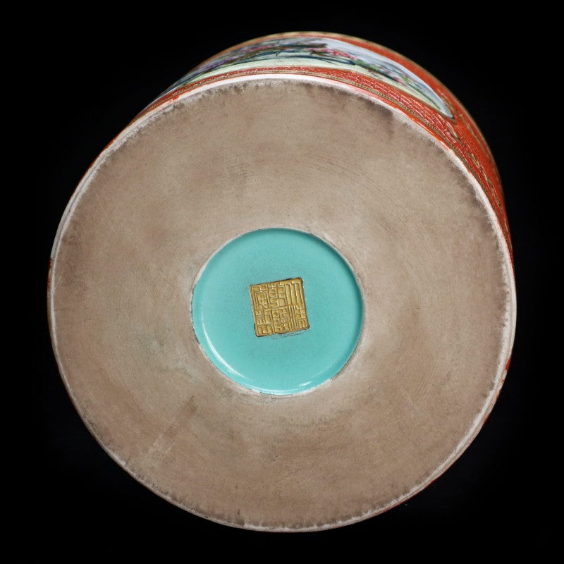 Qing Dynasty Qianlong Period Coral-Red Ground Famille-Rose Brush Pot with Floral and Bird Motif|清乾隆珊瑚紅地粉彩花鳥紋筆筒・珍藏