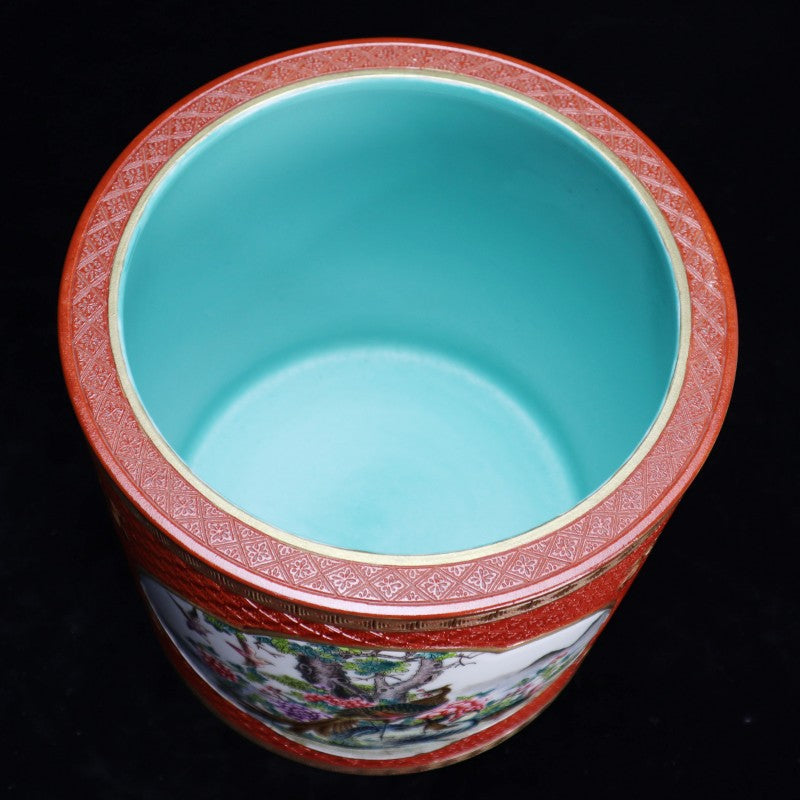 Qing Dynasty Qianlong Period Coral-Red Ground Famille-Rose Brush Pot with Floral and Bird Motif|清乾隆珊瑚紅地粉彩花鳥紋筆筒・珍藏