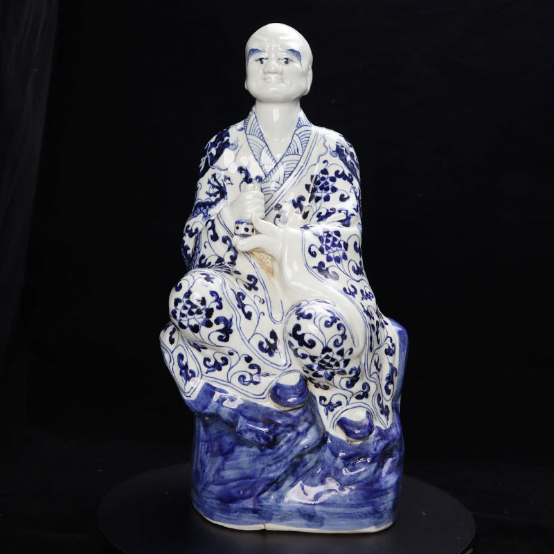 Ming Xuande Blue and Porcelain – Buddha-bag Arhat Figurine | 大明宣德青花瓷 – 布袋羅漢擺件・私藏