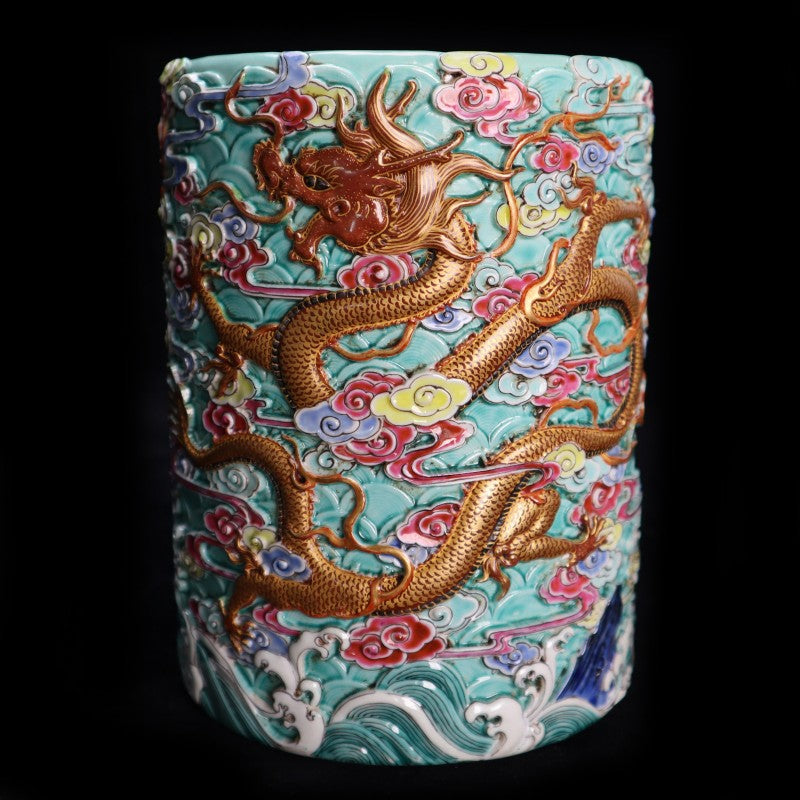 Qianlong Falangcai Carved and Gilt-Decorated Brush Pot with "Two Dragons Chasing Pearl" Design | 清乾隆珐琅彩雕刻二龍戲珠紋描金筆筒・珍藏