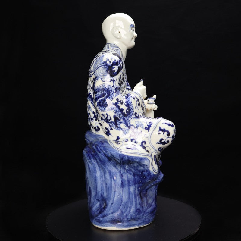 Ming Xuande Blue and Porcelain – Buddha-bag Arhat Figurine | 大明宣德青花瓷 – 布袋羅漢擺件・私藏