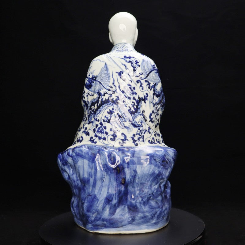 Ming Xuande Blue and Porcelain – Alms Bowl Arhat Figurine | 大明宣德青花瓷 – 舉缽羅漢擺件・私藏