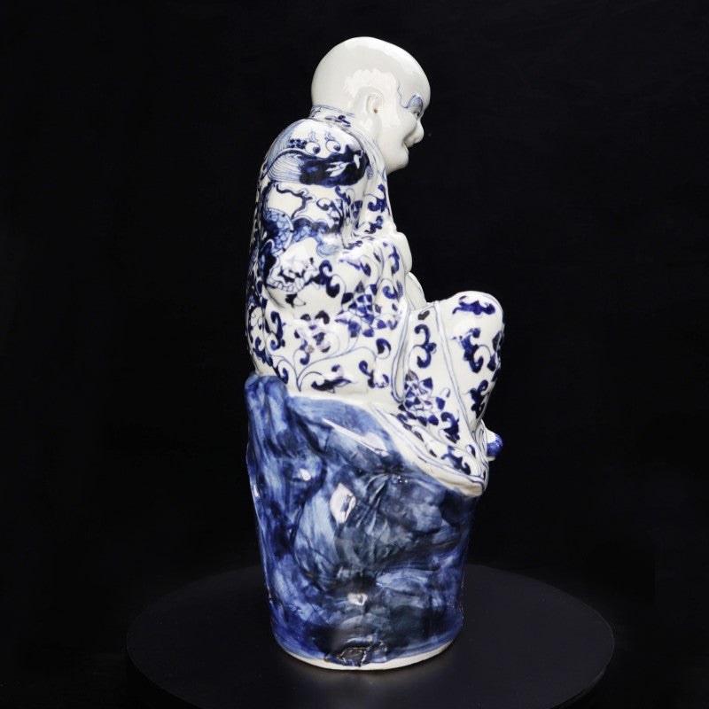 Ming Xuande Blue and Porcelain – Happy Arhat Figurine | 大明宣德青花瓷 – 開心羅漢擺件・私藏