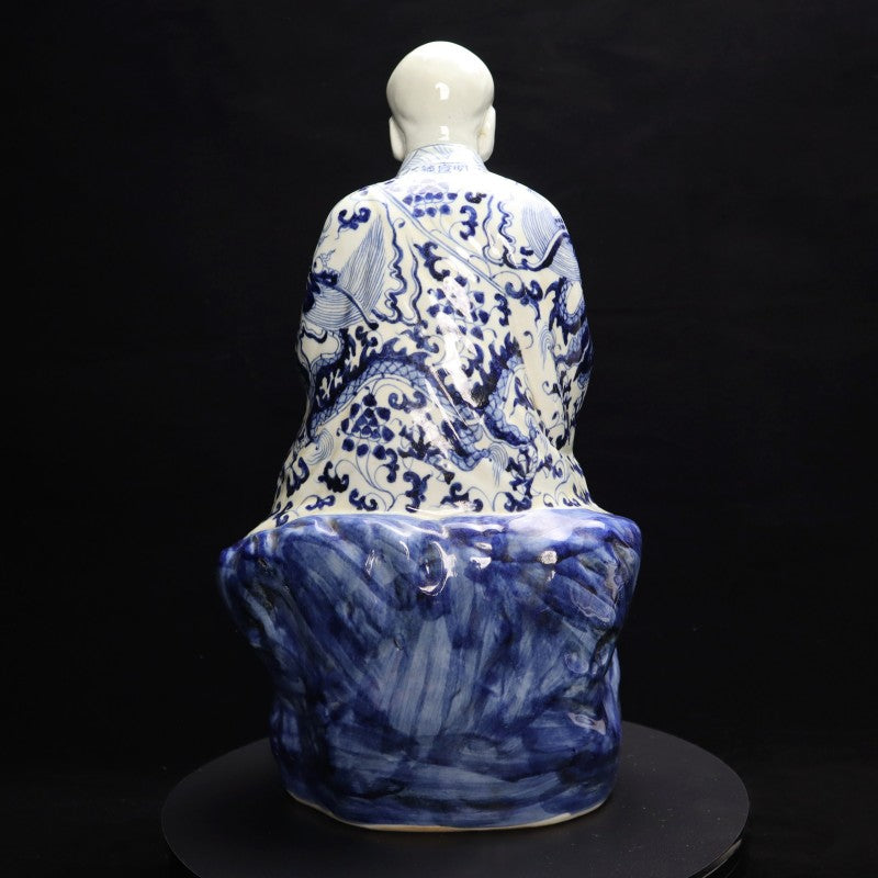 Ming Xuande Blue and Porcelain – Reaching Arhat Figurine | 大明宣德青花瓷 – 探手羅漢擺件・私藏