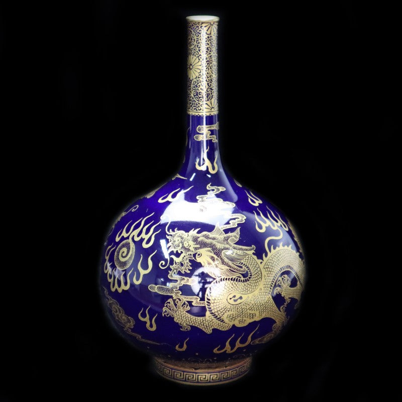 Imperial Qing Qianlong Blue-Glazed Vase with Gilded Dragon Motif|清乾隆御製藍釉描金龍紋瓶・珍藏