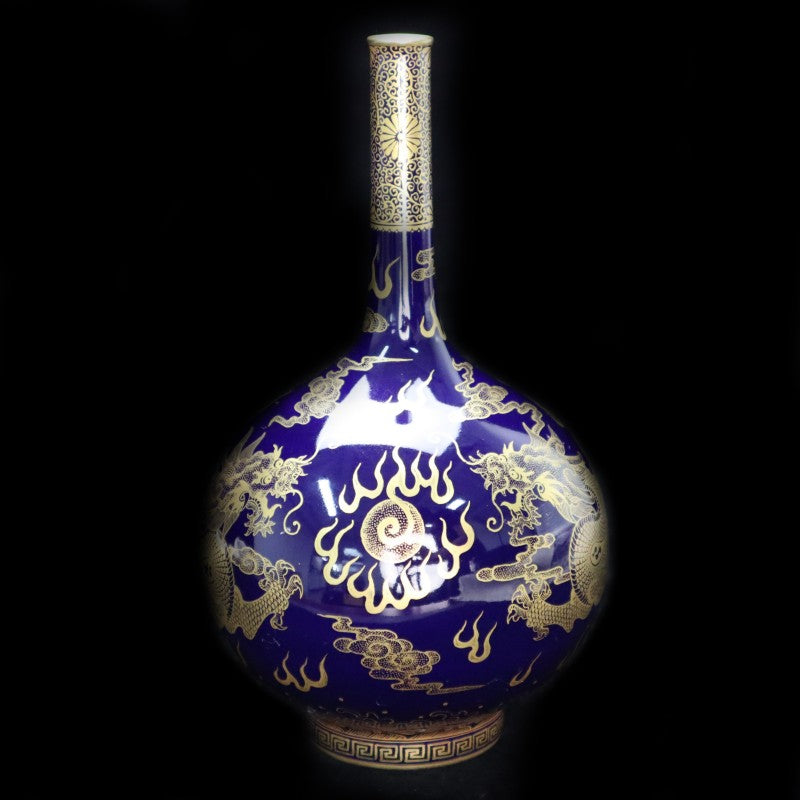 Imperial Qing Qianlong Blue-Glazed Vase with Gilded Dragon Motif|清乾隆御製藍釉描金龍紋瓶・珍藏