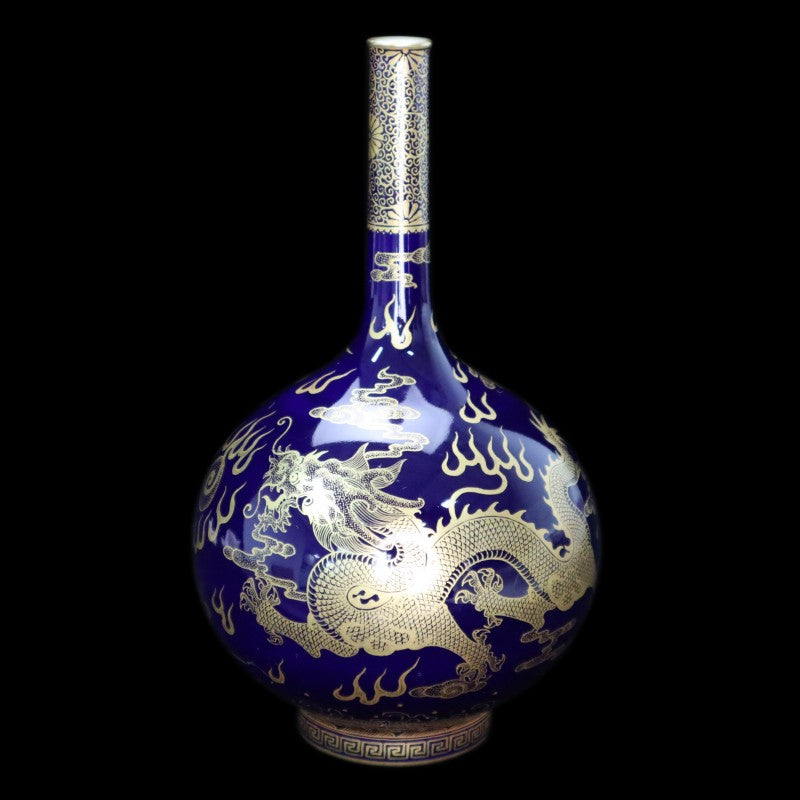 Imperial Qing Qianlong Blue-Glazed Vase with Gilded Dragon Motif|清乾隆御製藍釉描金龍紋瓶・珍藏