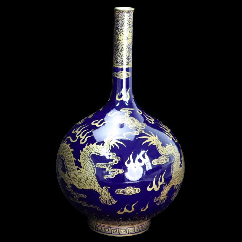 Imperial Qing Qianlong Blue-Glazed Vase with Gilded Dragon Motif|清乾隆御製藍釉描金龍紋瓶・珍藏
