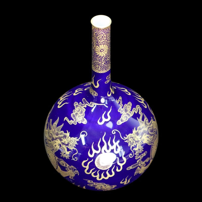 Imperial Qing Qianlong Blue-Glazed Vase with Gilded Dragon Motif|清乾隆御製藍釉描金龍紋瓶・珍藏