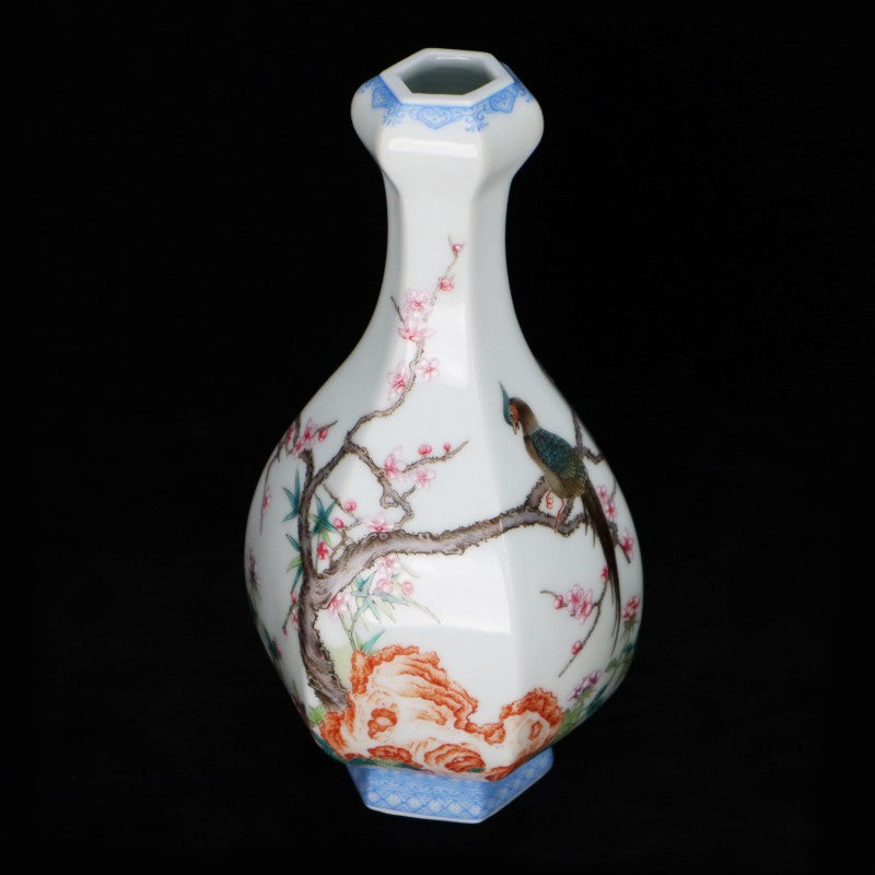 Imitation of Qing Yongzheng Famille-Rose Garlic-Mouth Vase with Floral and Bird Motif | 仿大清雍正 – 粉彩蒜頭瓶