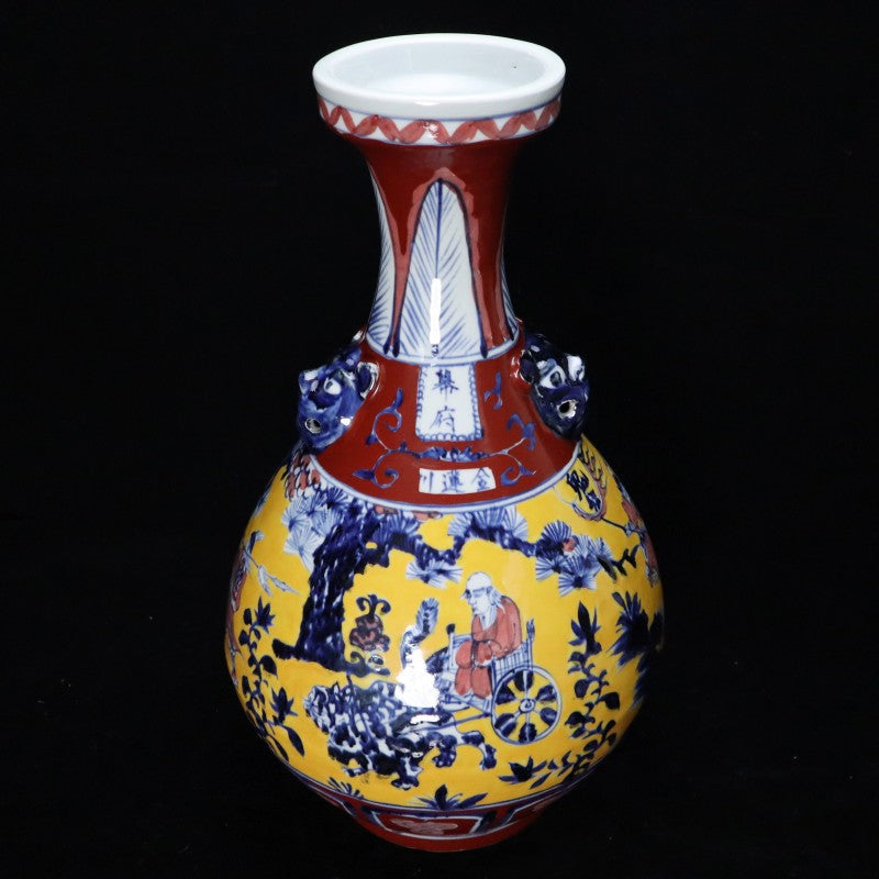 Yuan Dynasty Yellow-Glazed and Wucai "Yuhuchun" Vase with Narrative Figures and Twin Handles | 元代黃釉五彩人物故事雙耳玉壺春賞瓶・珍藏