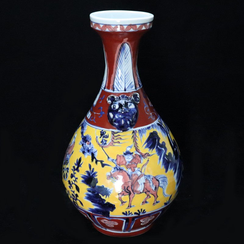 Yuan Dynasty Yellow-Glazed and Wucai "Yuhuchun" Vase with Narrative Figures and Twin Handles | 元代黃釉五彩人物故事雙耳玉壺春賞瓶・珍藏