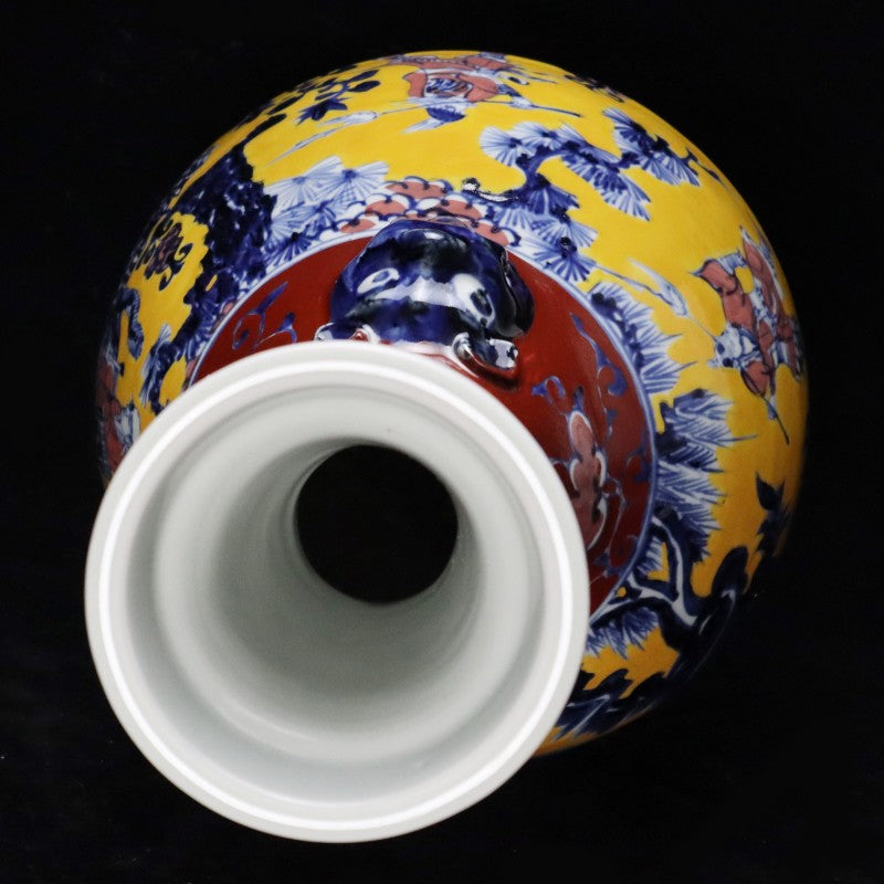 Yuan Dynasty Yellow-Glazed and Wucai "Yuhuchun" Vase with Narrative Figures and Twin Handles | 元代黃釉五彩人物故事雙耳玉壺春賞瓶・珍藏