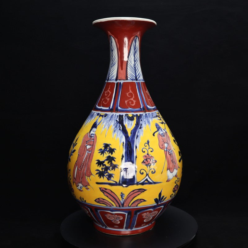 Yuan Dynasty Yellow-Glazed and Wucai Vase with Narrative Figures and "Yuhuchun" Design | 元代黃釉五彩人物故事玉壺春賞瓶・珍藏