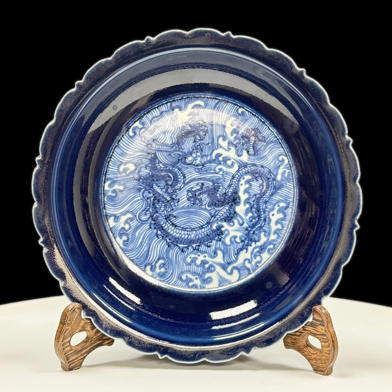 Yongle Period Blue-Glazed Dish with Underglaze Blue Dragon Design|明永樂藍釉青花龍紋盤・珍藏