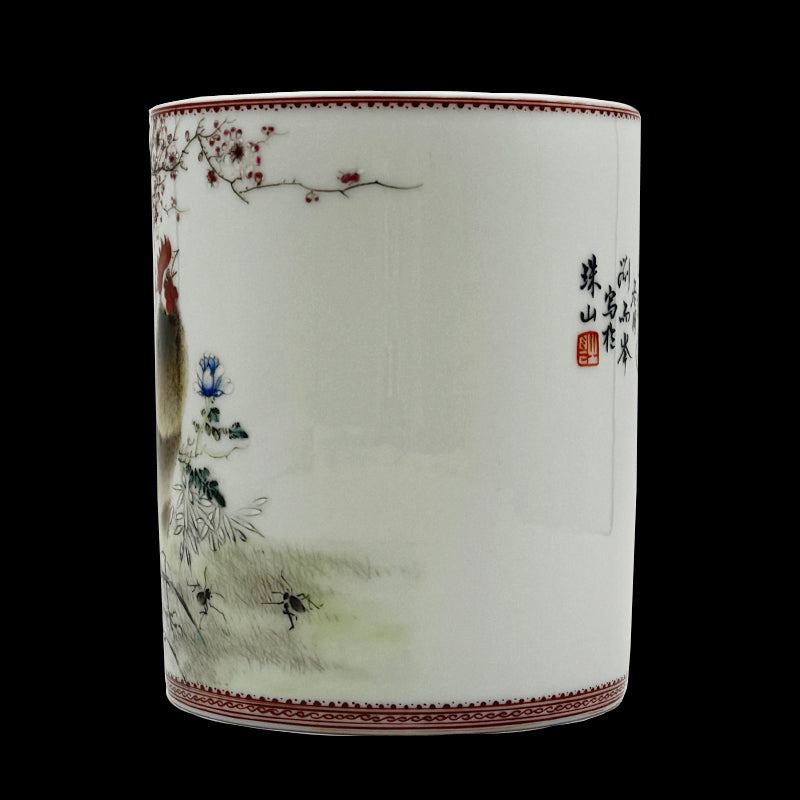 Republic Period Famille-Rose Brush Pot with Rooster and Floral Design|民國粉彩公雞花卉紋筆筒・珍藏