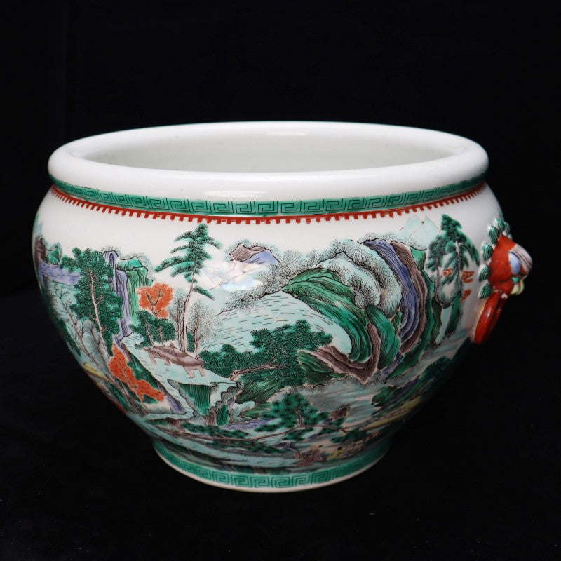 Qing Dynasty Kangxi Wucai Landscape Jar with Beast-Head Handles｜清康熙五彩山水紋獸耳卷缸・珍藏